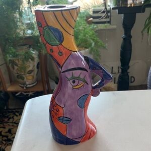Vintage Muzeum Abstract Picasso Inspired Candlestick Holder Hand Painted 8”